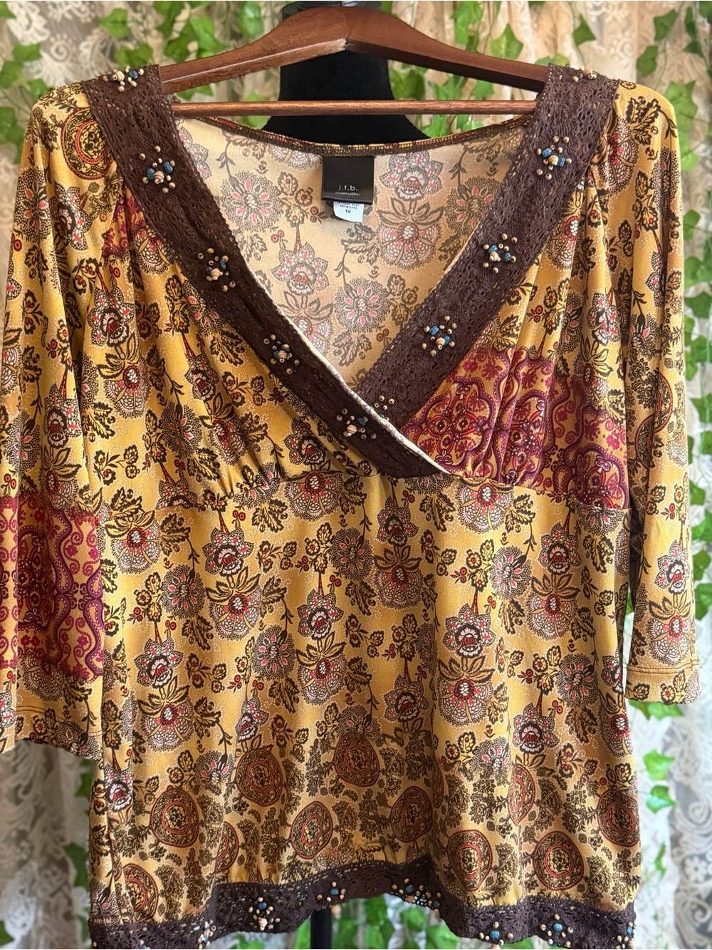 JTB 1X Boho Paisley Floral Beaded V-Neck 3/4 Sleeve Stretch Blouse Y2K
